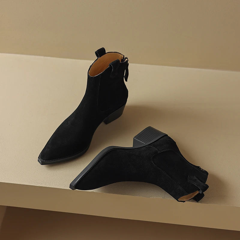 AIYUQI Women's Ankle Boots 2025 New Pointed Toe Zippered Western Cowboy Boots For Women Block Heel Work Boots Female