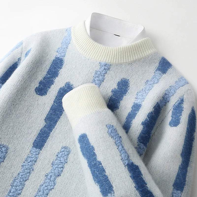 New 100% Pure Wool Men's O-neck Pullover 2025 Autumn/Winter Color Matching Top Casual Thick Fashion Large Size Jumper Sweater