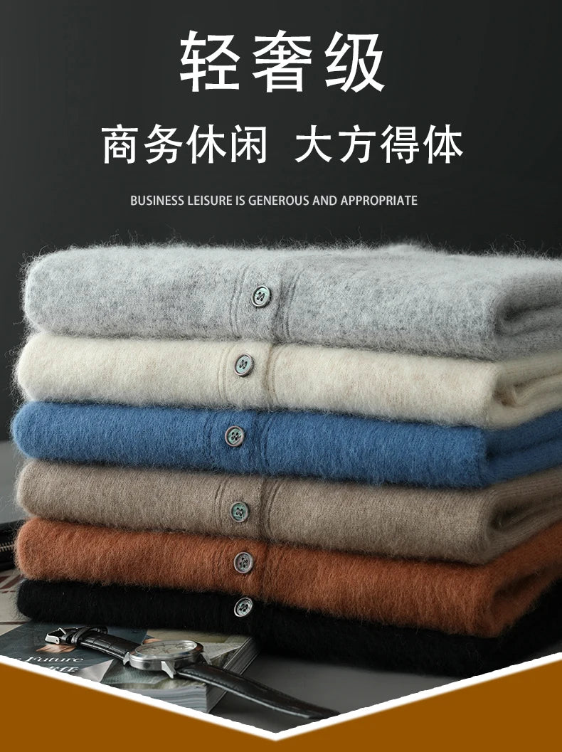 100% Pure Mink Cashmere Sweater Men's POLO Collar Wears Thick Button-Down Lapels And Solid Color Casual Knitted Bottoming Shirt