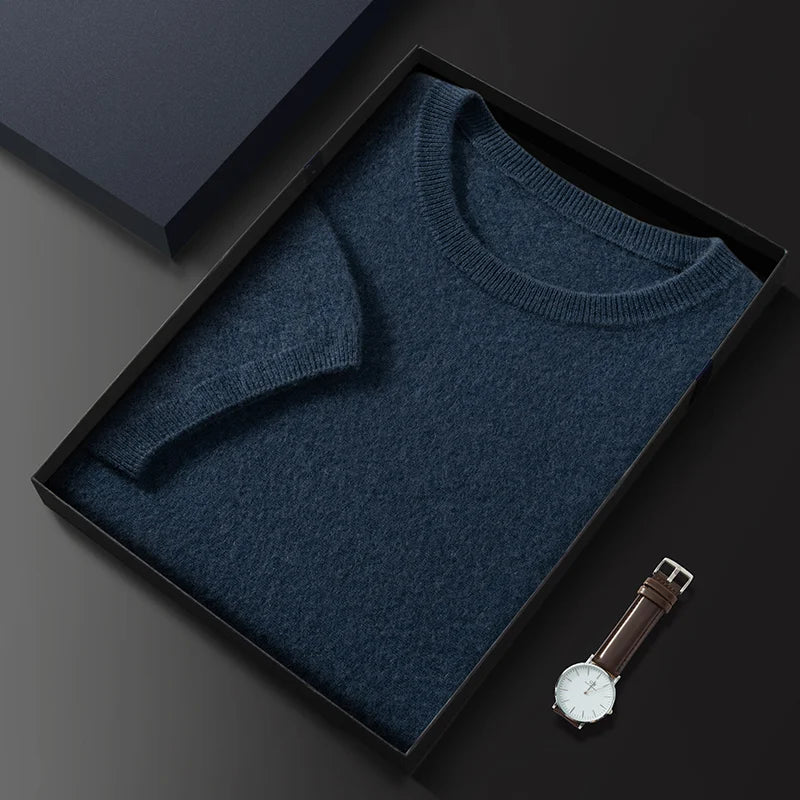 100% Pure Goat Cashmere Men's Crewneck Pullover Sweater Basic Half Sleeve Sweater Solid Color Business Casual Men's Top