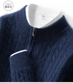 Men's 100% Pure Cashmere Pullover Thickened Warm Zipper Sweater High Collar Loose Top Business Leisure Solid Knitted