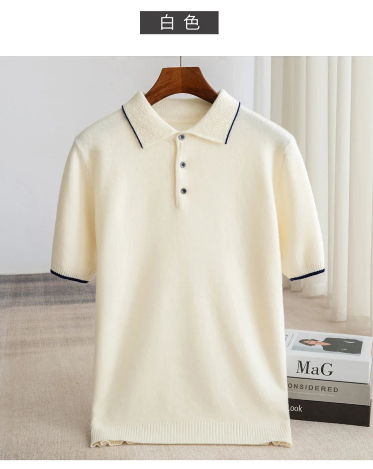 100% Merino wool men's lapel short sleeved sweater T-shirt new knitted casual business men's pullover sweater wool T-shirt summe