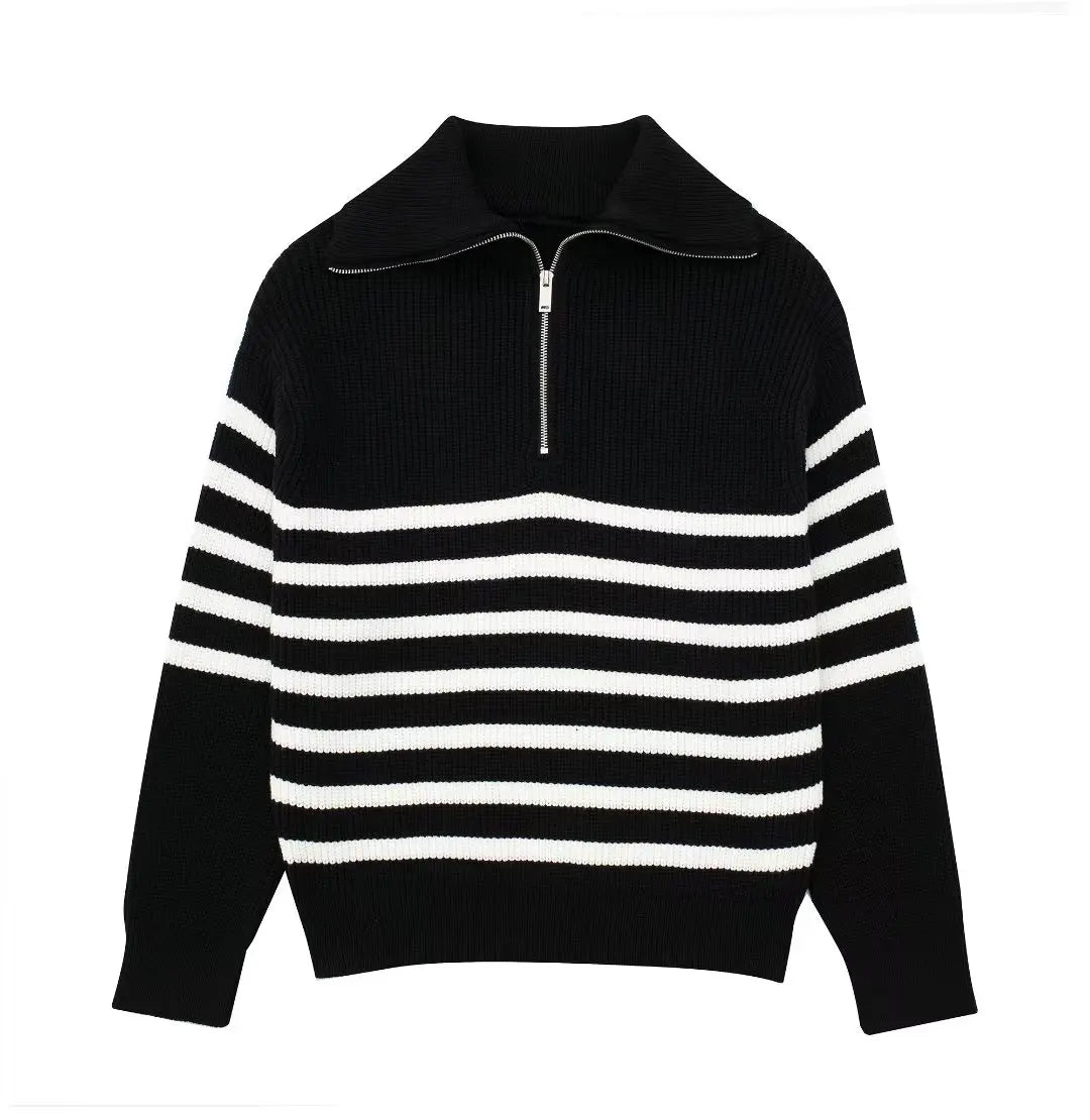 Quarter Zipper Sweater Women Long Sleeve High Collar Rib Knit Pullover Casual Striped Sweater Jumper Fall Winter Outfit