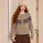 LOUIS YAO Jacquard Color Contrasting Cardigan 2025 Autumn/Winter Knitwear Christmas Day Casual Round Neck Women's Knitted Shirt