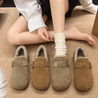 Classic Belt Buckle Loafer Woman Spring/Winter Cotton Fur Lined Flats Barefoot Shoes Ladies Cozy Slip on Driving Mocasines Femme