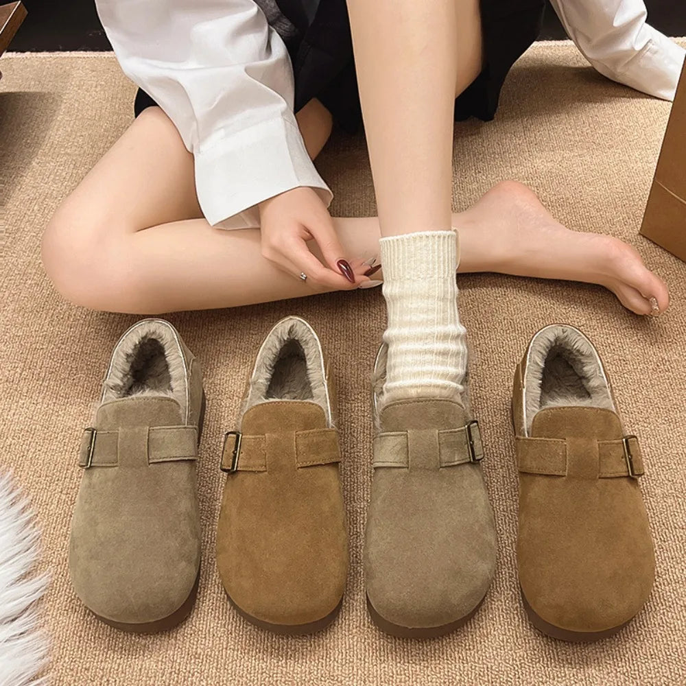 Classic Belt Buckle Loafer Woman Spring/Winter Cotton Fur Lined Flats Barefoot Shoes Ladies Cozy Slip on Driving Mocasines Femme