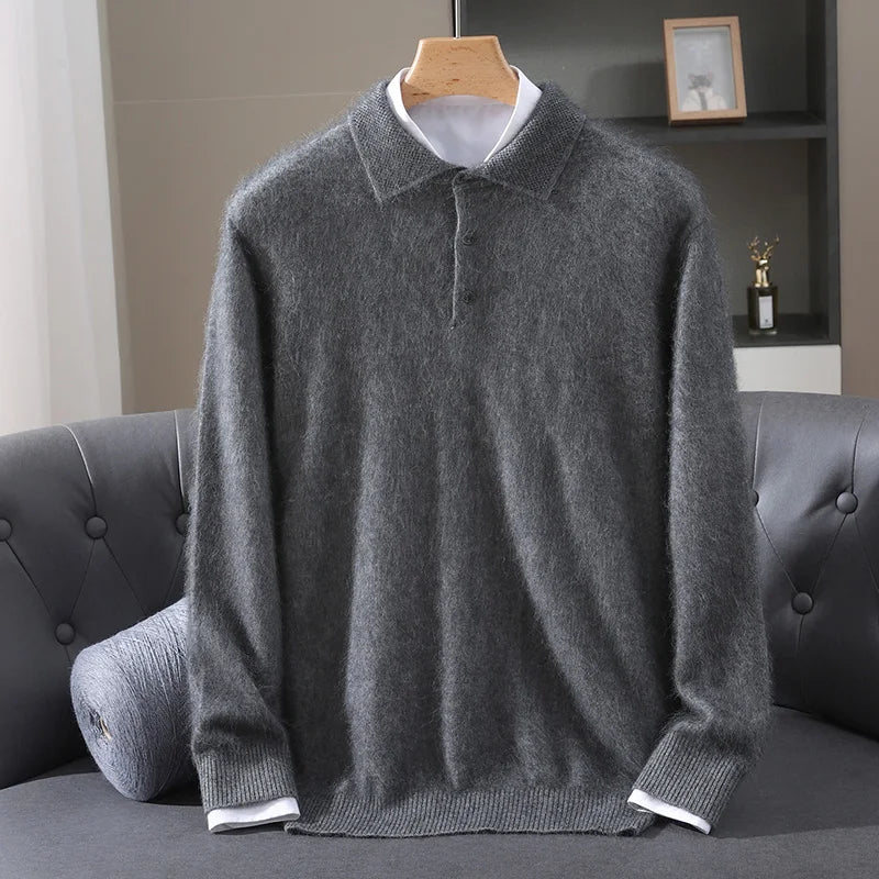 2025 Autumn And Winter New Men's Mink Wool Sweater POLO Collar Pullover Business Thick Warm Loose Oversized Knitted Sweater Tops