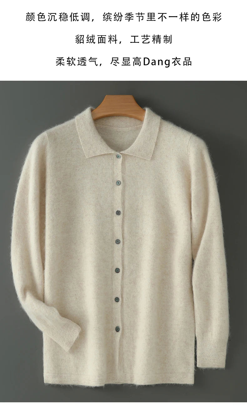 100% Pure Mink Cashmere Sweater Men's POLO Collar Wears Thick Button-Down Lapels And Solid Color Casual Knitted Bottoming Shirt