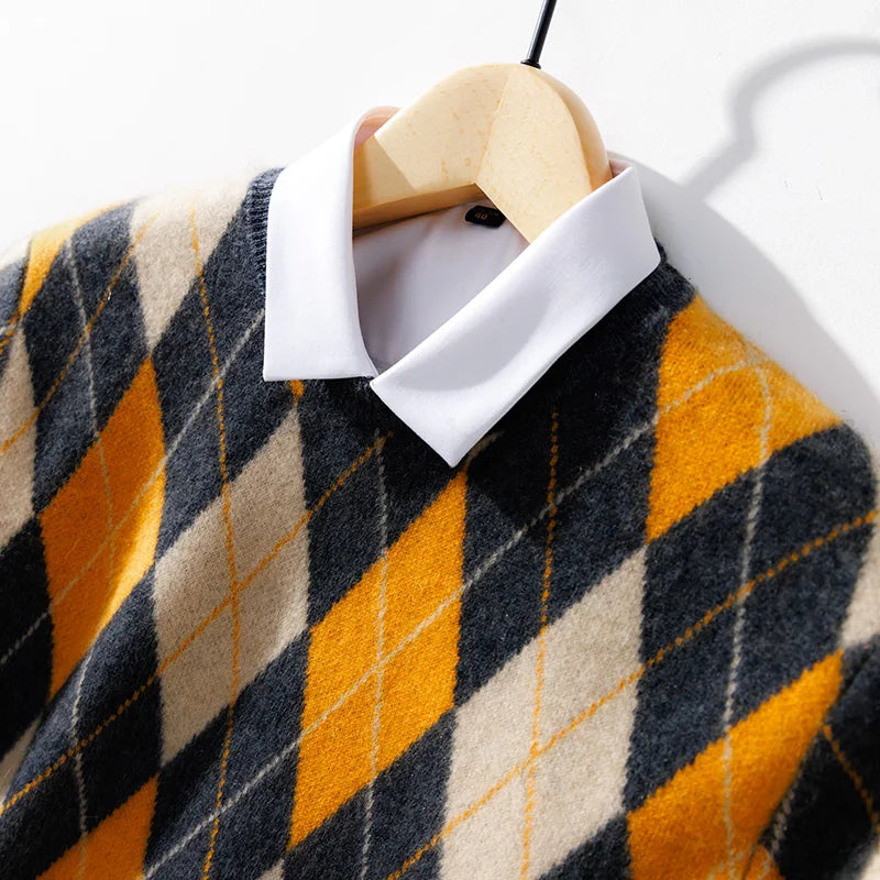 New 100% Pure Wool Cashmere Men's O-neck Pullover Autumn And Winter Color Matching Top Casual Thick Fashion Large Size Jacket