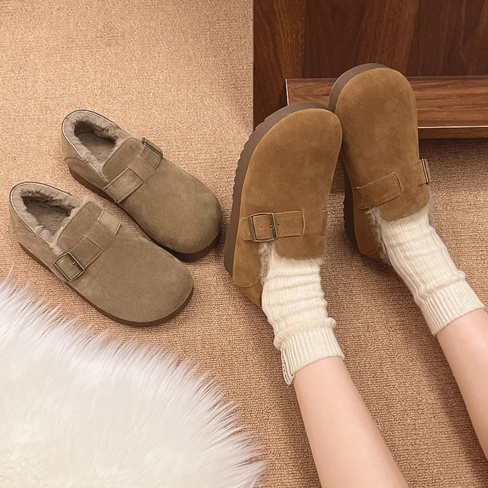 Classic Belt Buckle Loafer Woman Spring/Winter Cotton Fur Lined Flats Barefoot Shoes Ladies Cozy Slip on Driving Mocasines Femme