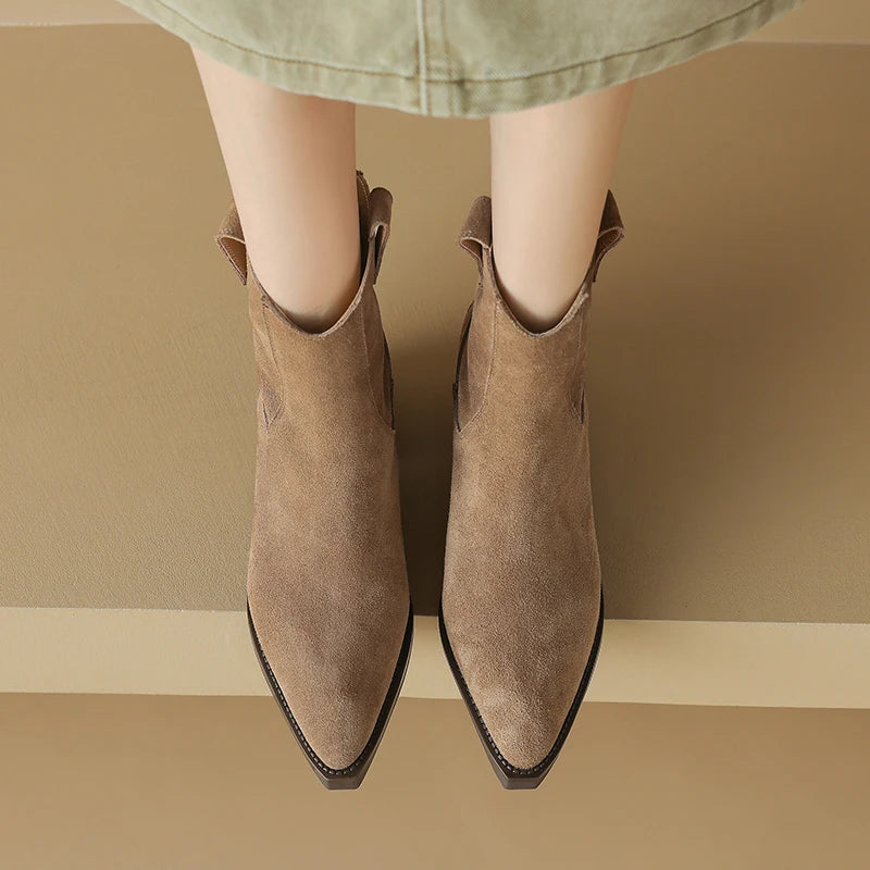 AIYUQI Women's Ankle Boots 2025 New Pointed Toe Zippered Western Cowboy Boots For Women Block Heel Work Boots Female