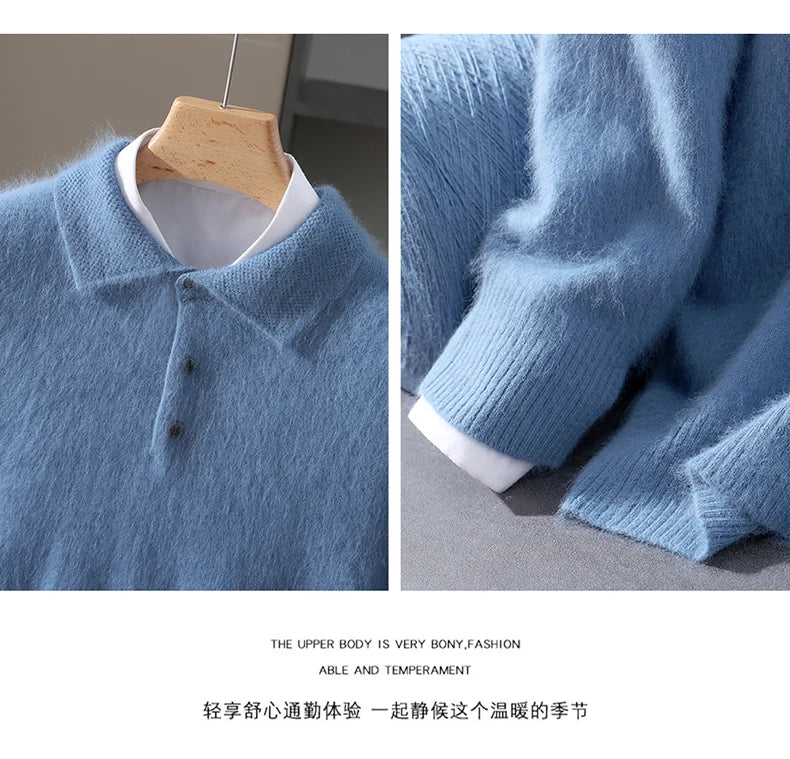 2025 Autumn And Winter New Men's Mink Wool Sweater POLO Collar Pullover Business Thick Warm Loose Oversized Knitted Sweater Tops