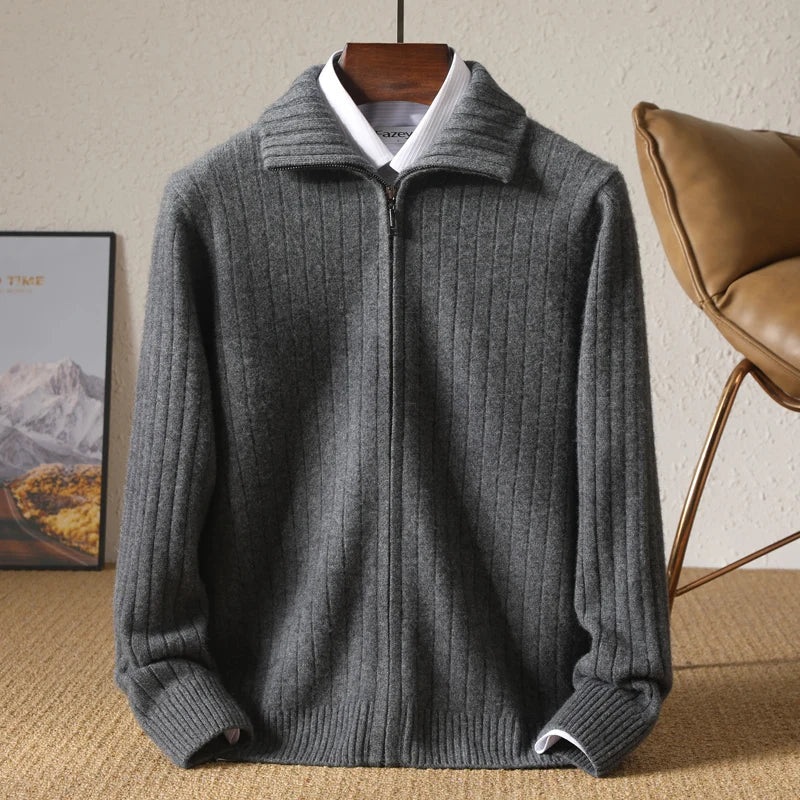 Men 100% Merino Wool Stand-Up Collar Cardigan Casual Knit Business Zipper Coat Autumn Winter Versatile Warm Men Cashmere Jacket