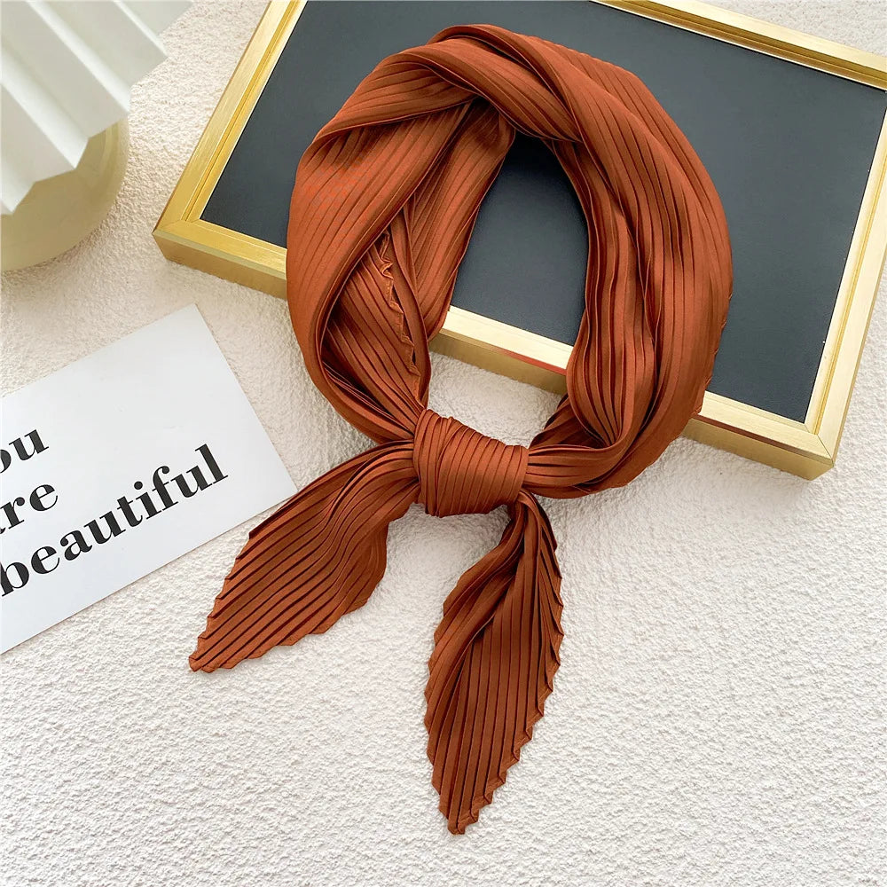 Peony Flower Pleated Silk Scarf Square Neck Scarves Crinkle Hair Bands Scarf Bandana Satin Hijab Head Wraps Neckerchief 70cm