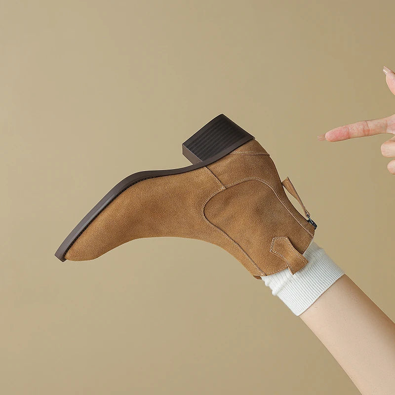 AIYUQI Women's Ankle Boots 2025 New Pointed Toe Zippered Western Cowboy Boots For Women Block Heel Work Boots Female