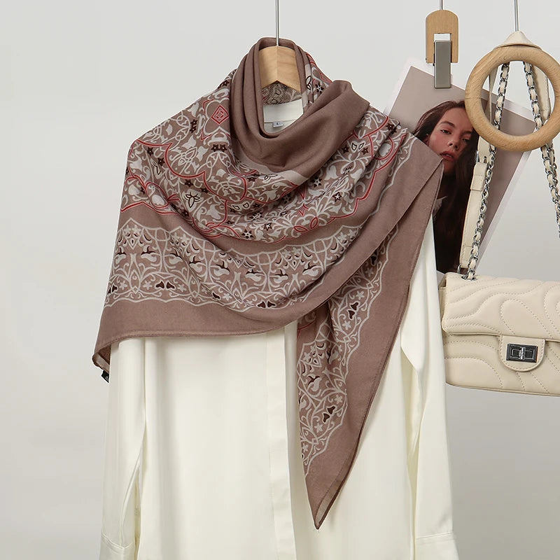 110*110cm Satin Square Scarf Women Big Size Shawl Ink Wash Style Luxury Design Scarf Floral Printed Handkerchief Damask Hijab