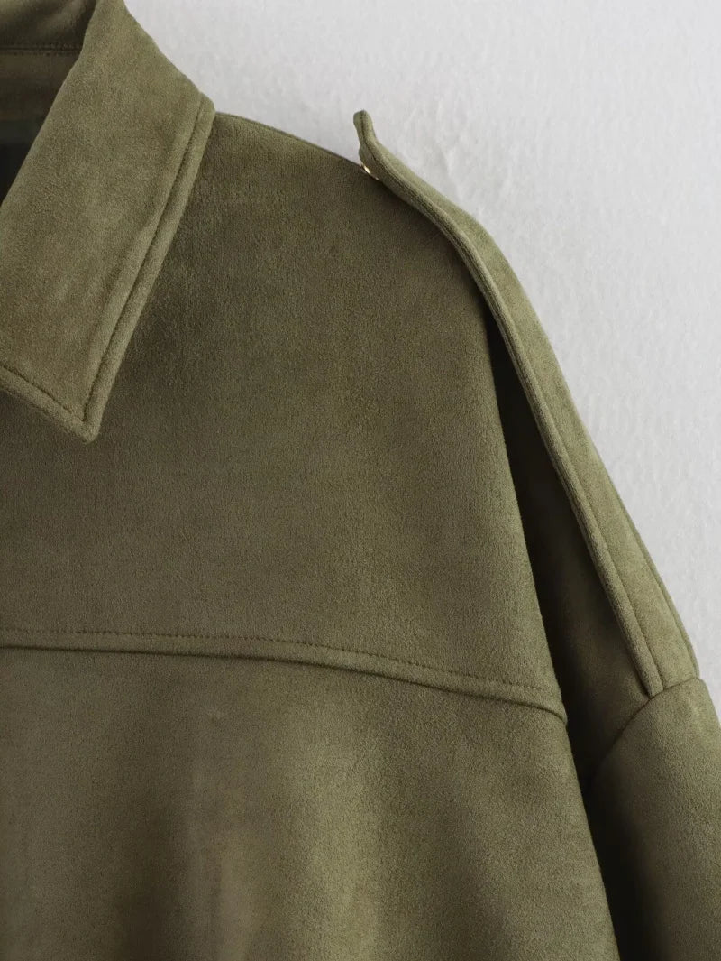 ETJ 2025  Spring new women's suede texture effect Loose version of fashion lapel shoulder bomber jacket