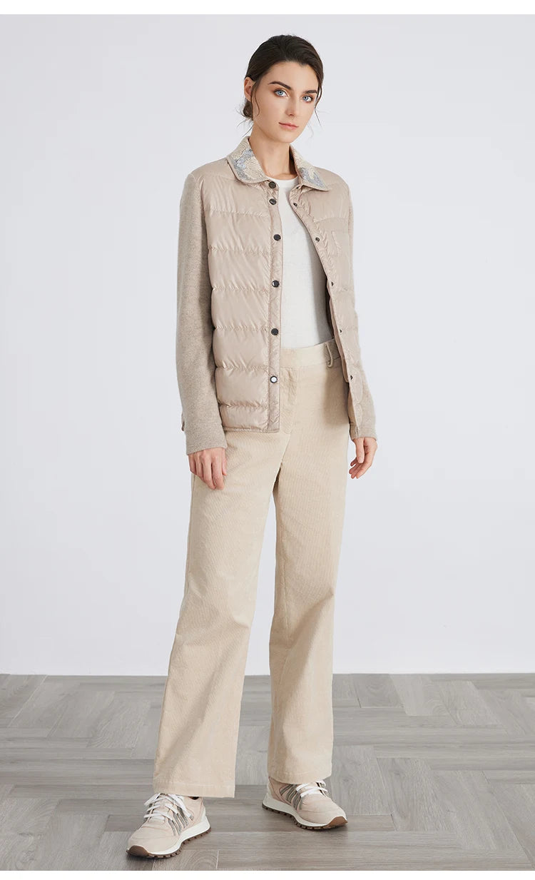 BC911 Polo collar spliced 100% cashmere long sleeve single breasted white goose down jacket for women