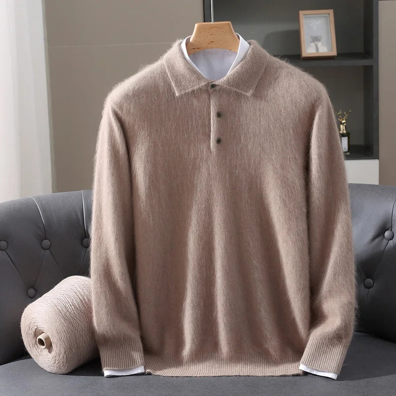 2025 Autumn And Winter New Men's Mink Wool Sweater POLO Collar Pullover Business Thick Warm Loose Oversized Knitted Sweater Tops