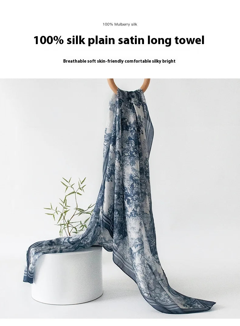 Spring and summer long strip 100% mulberry silk scarf blue silk scarf high literary sense sun protection large shawl thin