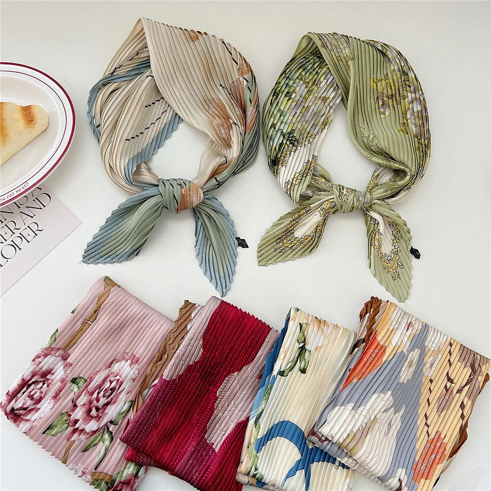 Silk Scarf Women Luxury Ladies Small Head Scarf Wholesale Scarves Headwraps Pleated Chiffon Hijabs Satin Hijabe Femme Bandanas