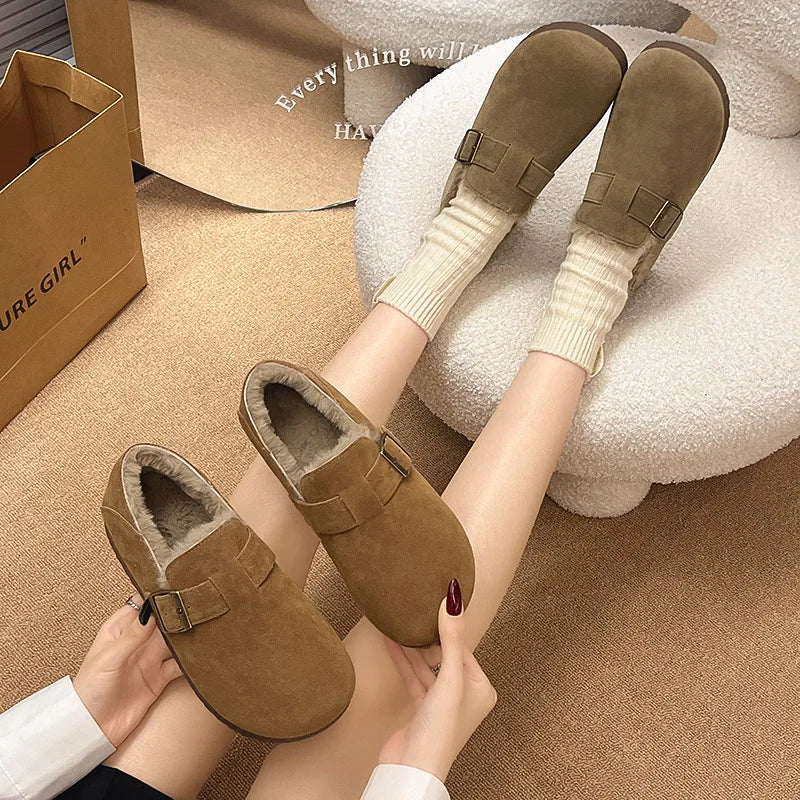 Classic Belt Buckle Loafer Woman Spring/Winter Cotton Fur Lined Flats Barefoot Shoes Ladies Cozy Slip on Driving Mocasines Femme