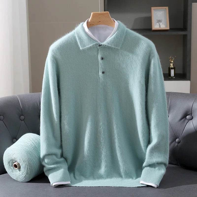 2025 Autumn And Winter New Men's Mink Wool Sweater POLO Collar Pullover Business Thick Warm Loose Oversized Knitted Sweater Tops
