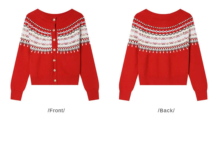 LOUIS YAO Jacquard Color Contrasting Cardigan 2025 Autumn/Winter Knitwear Christmas Day Casual Round Neck Women's Knitted Shirt