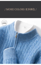 Men's 100% Pure Cashmere Pullover Thickened Warm Zipper Sweater High Collar Loose Top Business Leisure Solid Knitted