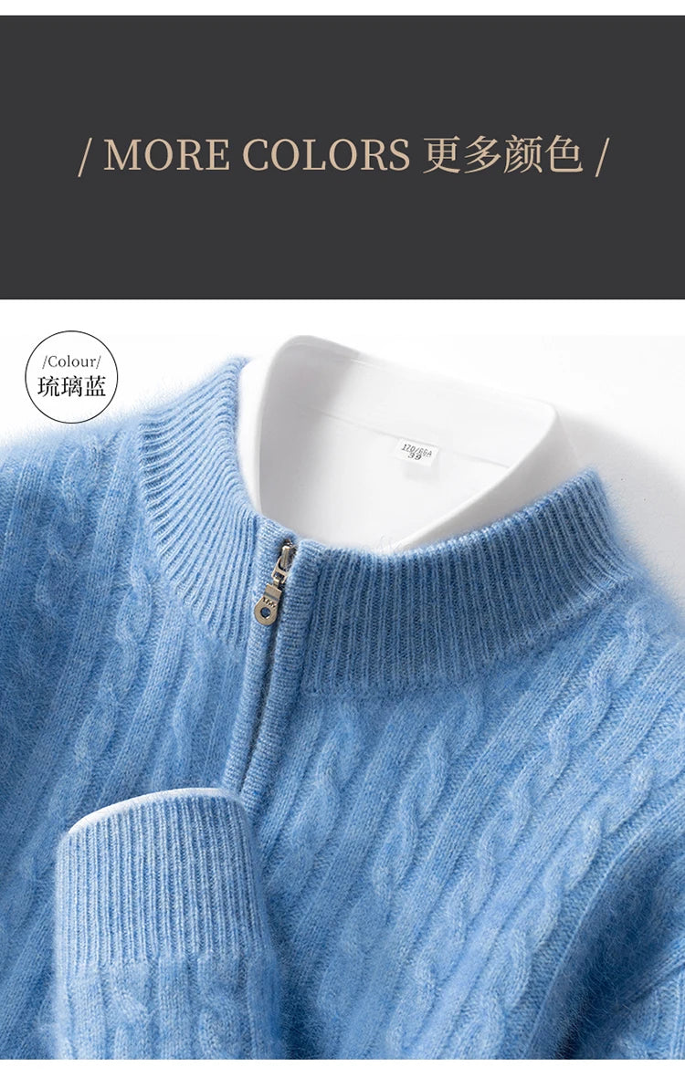 Men's 100% Pure Cashmere Pullover Thickened Warm Zipper Sweater High Collar Loose Top Business Leisure Solid Knitted