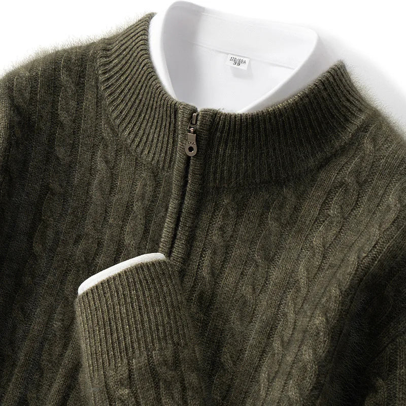 Men's 100% Pure Cashmere Pullover Thickened Warm Zipper Sweater High Collar Loose Top Business Leisure Solid Knitted