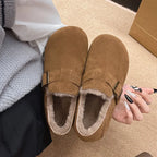 Classic Belt Buckle Loafer Woman Spring/Winter Cotton Fur Lined Flats Barefoot Shoes Ladies Cozy Slip on Driving Mocasines Femme