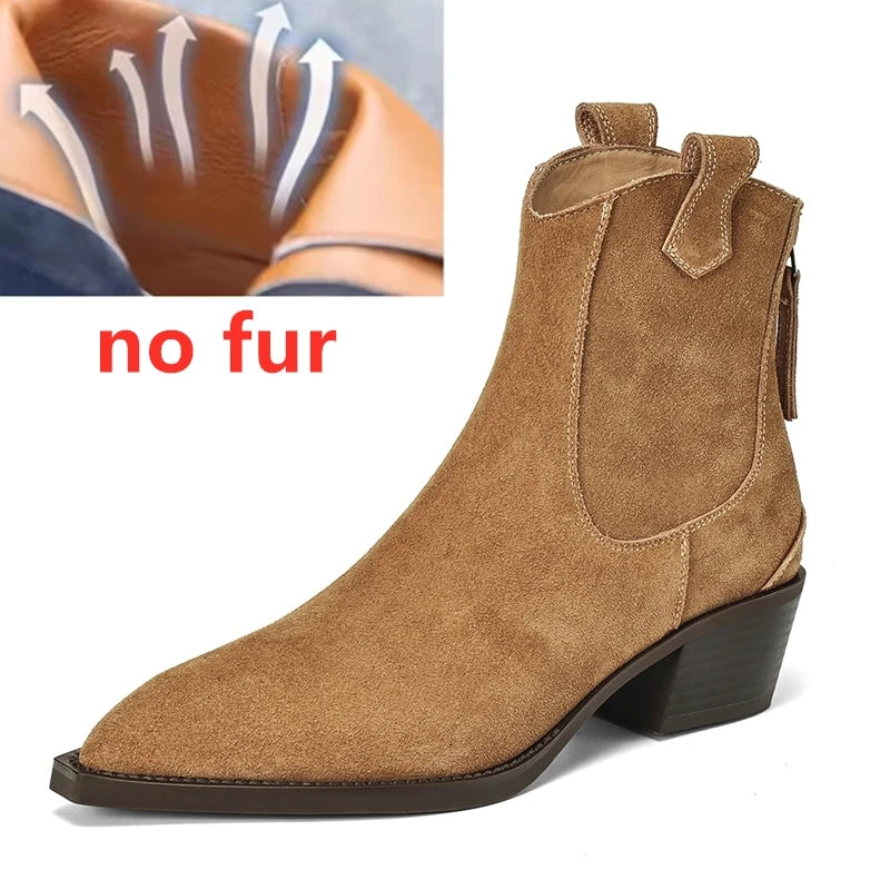 AIYUQI Women's Ankle Boots 2025 New Pointed Toe Zippered Western Cowboy Boots For Women Block Heel Work Boots Female