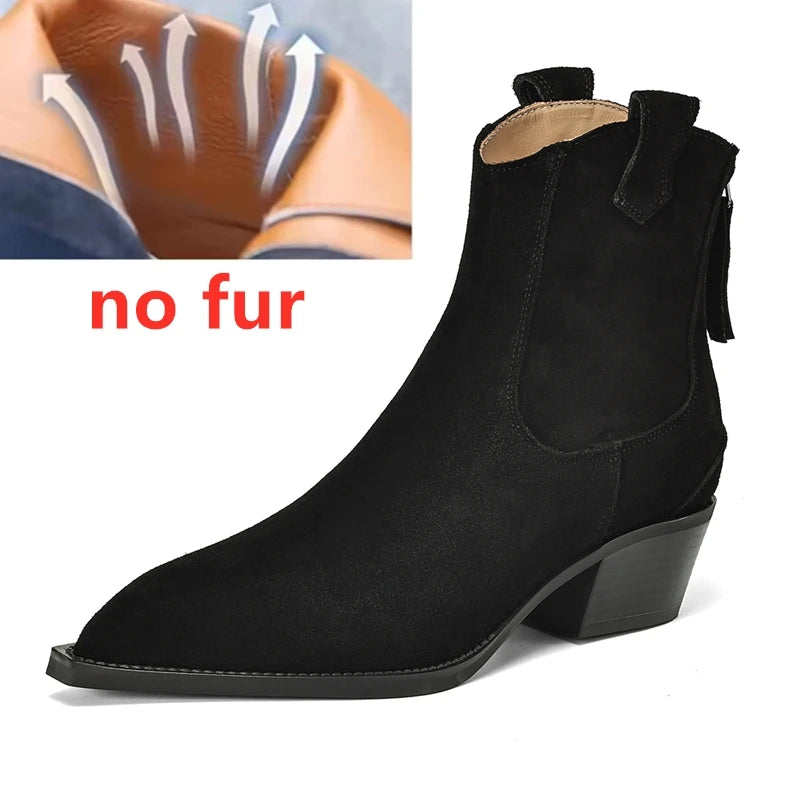 AIYUQI Women's Ankle Boots 2025 New Pointed Toe Zippered Western Cowboy Boots For Women Block Heel Work Boots Female