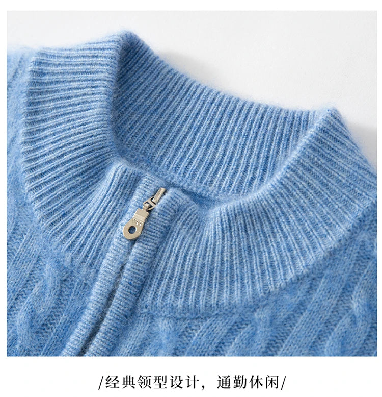 Men's 100% Pure Cashmere Pullover Thickened Warm Zipper Sweater High Collar Loose Top Business Leisure Solid Knitted