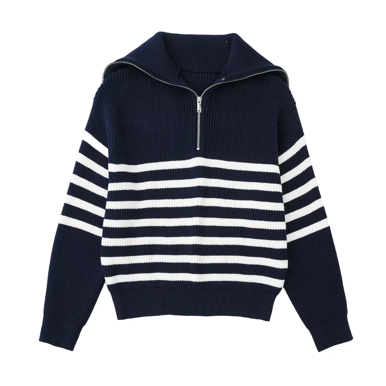 Quarter Zipper Sweater Women Long Sleeve High Collar Rib Knit Pullover Casual Striped Sweater Jumper Fall Winter Outfit