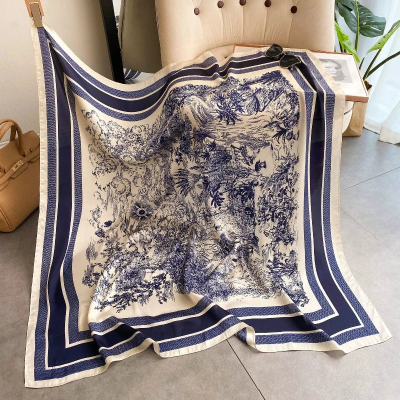 110*110cm Satin Square Scarf Women Big Size Shawl Ink Wash Style Luxury Design Scarf Floral Printed Handkerchief Damask Hijab