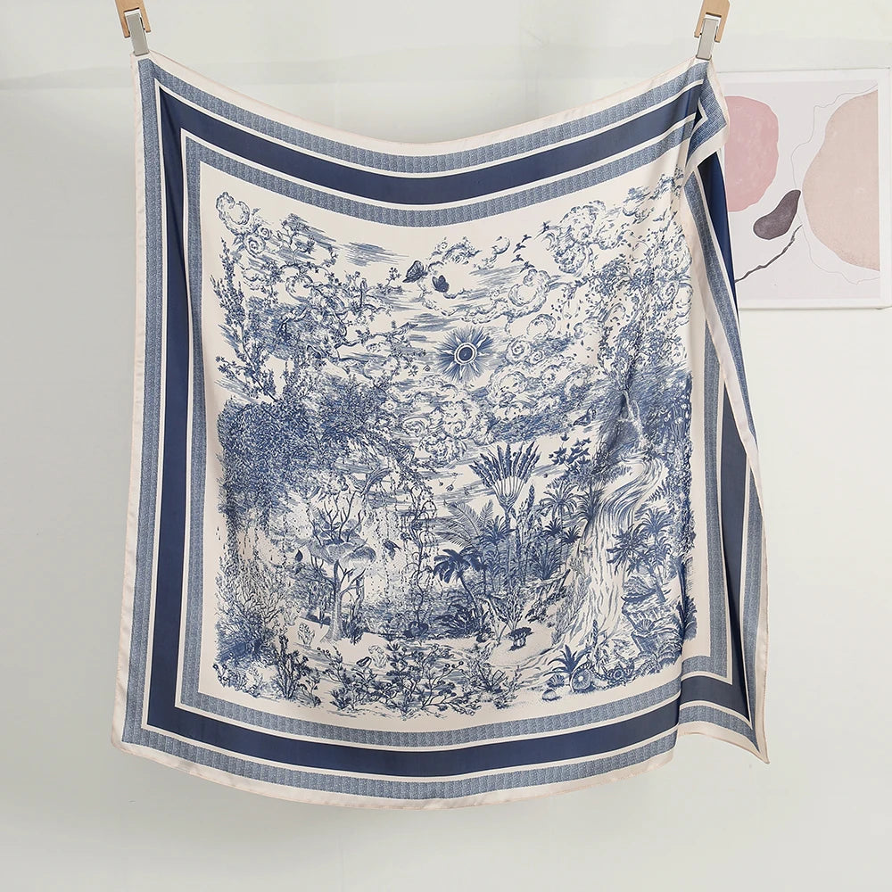 110*110cm Satin Square Scarf Women Big Size Shawl Ink Wash Style Luxury Design Scarf Floral Printed Handkerchief Damask Hijab