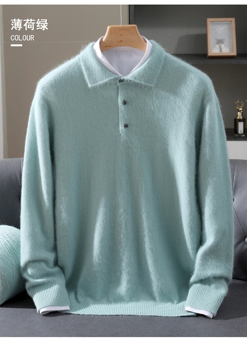 2025 Autumn And Winter New Men's Mink Wool Sweater POLO Collar Pullover Business Thick Warm Loose Oversized Knitted Sweater Tops