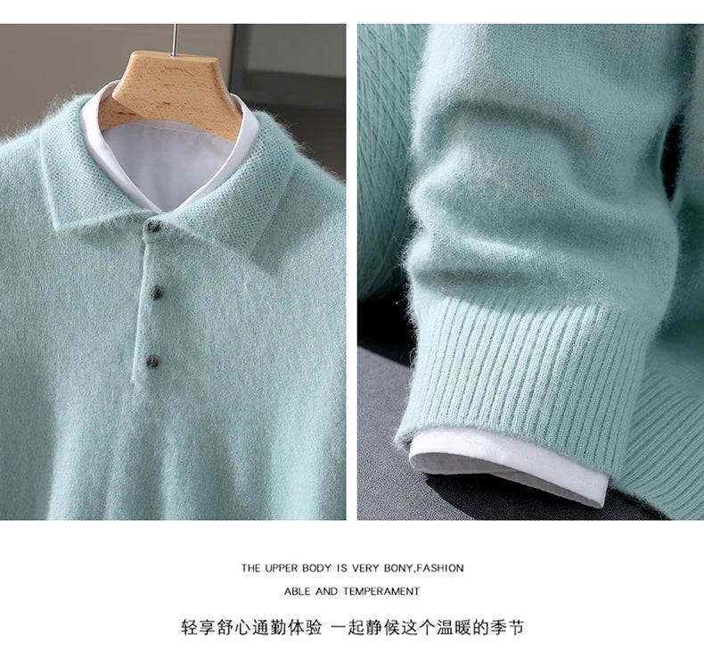 2025 Autumn And Winter New Men's Mink Wool Sweater POLO Collar Pullover Business Thick Warm Loose Oversized Knitted Sweater Tops