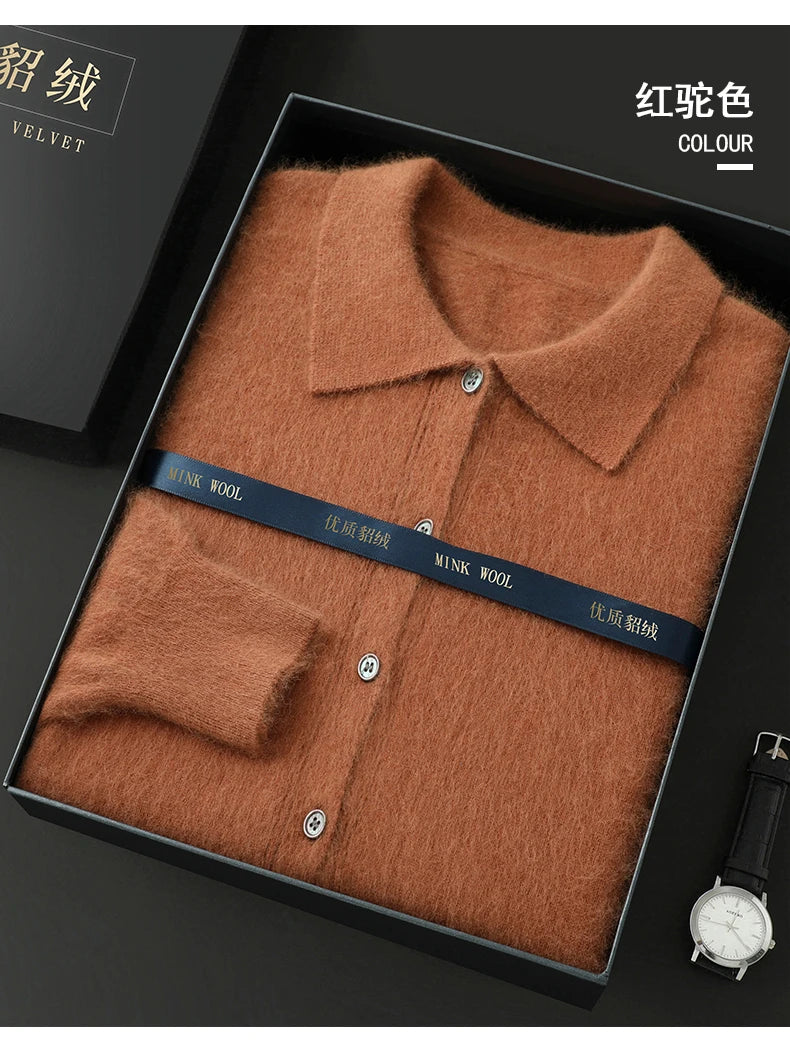 100% Pure Mink Cashmere Sweater Men's POLO Collar Wears Thick Button-Down Lapels And Solid Color Casual Knitted Bottoming Shirt