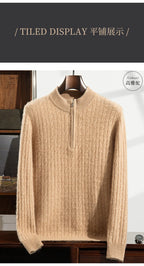 Men's 100% Pure Cashmere Pullover Thickened Warm Zipper Sweater High Collar Loose Top Business Leisure Solid Knitted