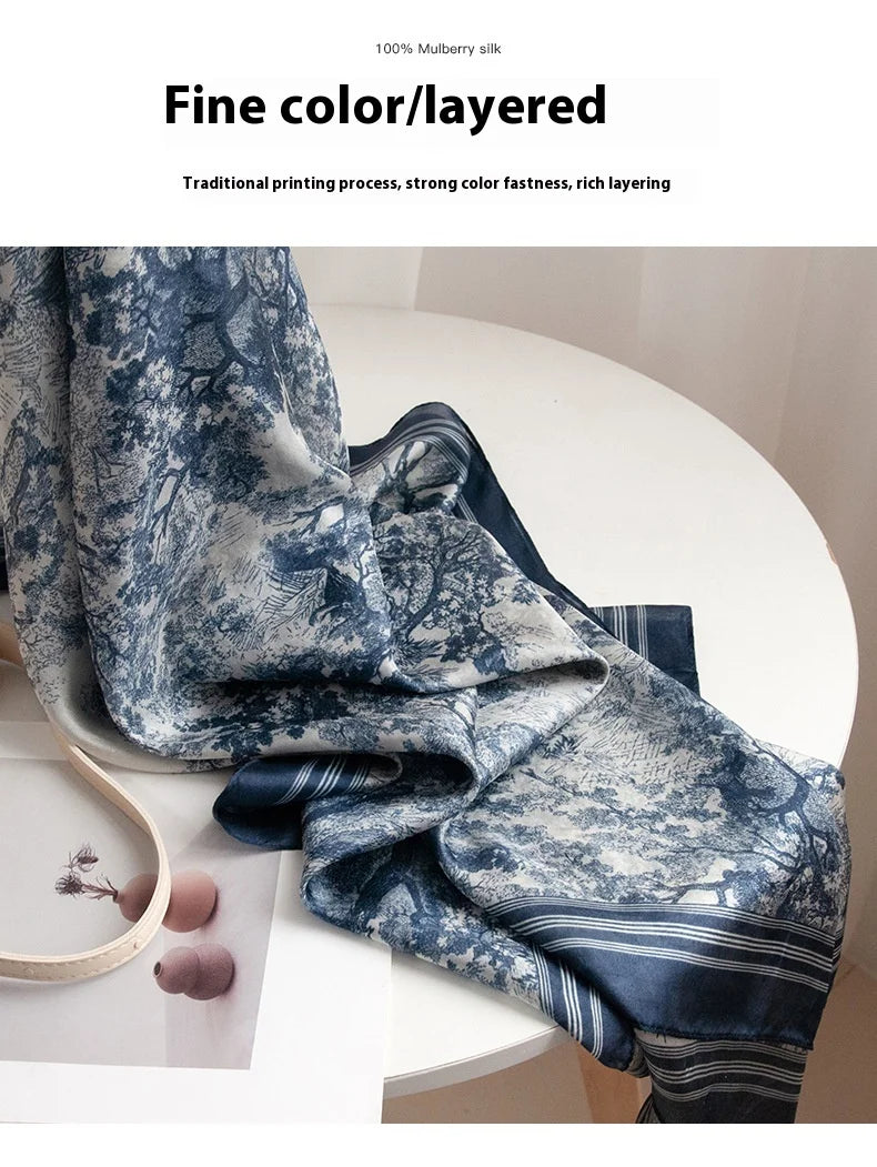 Spring and summer long strip 100% mulberry silk scarf blue silk scarf high literary sense sun protection large shawl thin