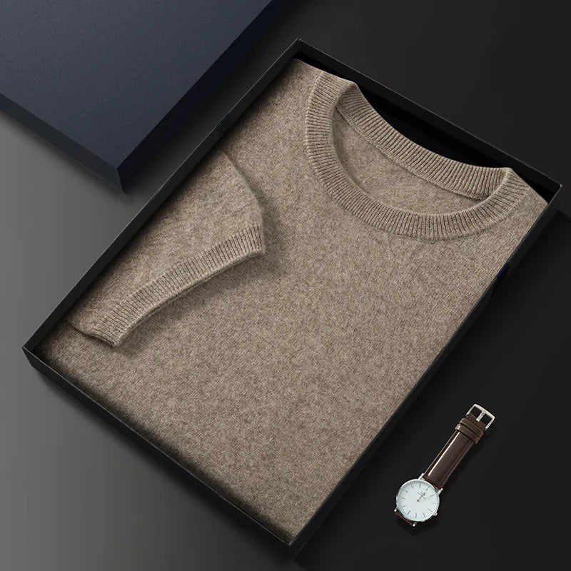 100% Pure Goat Cashmere Men's Crewneck Pullover Sweater Basic Half Sleeve Sweater Solid Color Business Casual Men's Top