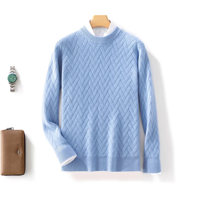 Winter Thick Warm Jacquard Cashmere Round Neck Sweater Men's Slim Fashion Pullover Knitted Wool Bottoming Shirt