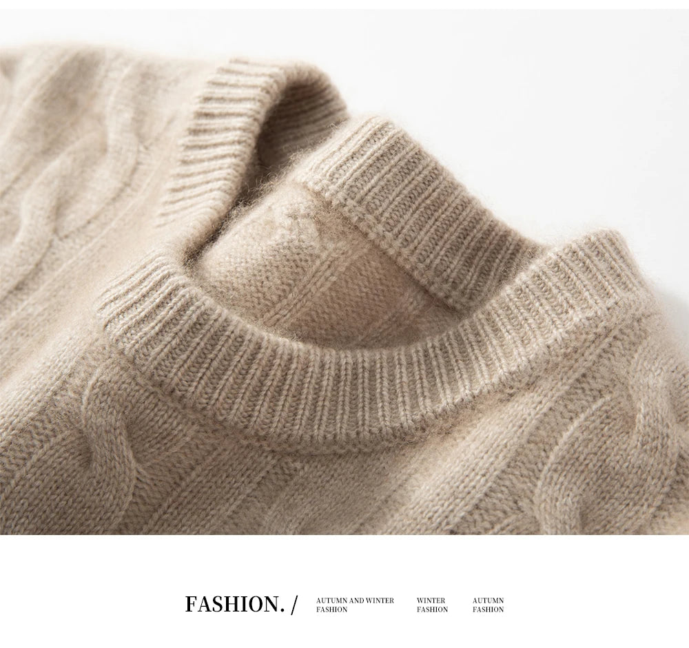 Men's 100% pure cashmere pullover casual solid color knitted sweater loose round neck Tops thick and warm Jumper