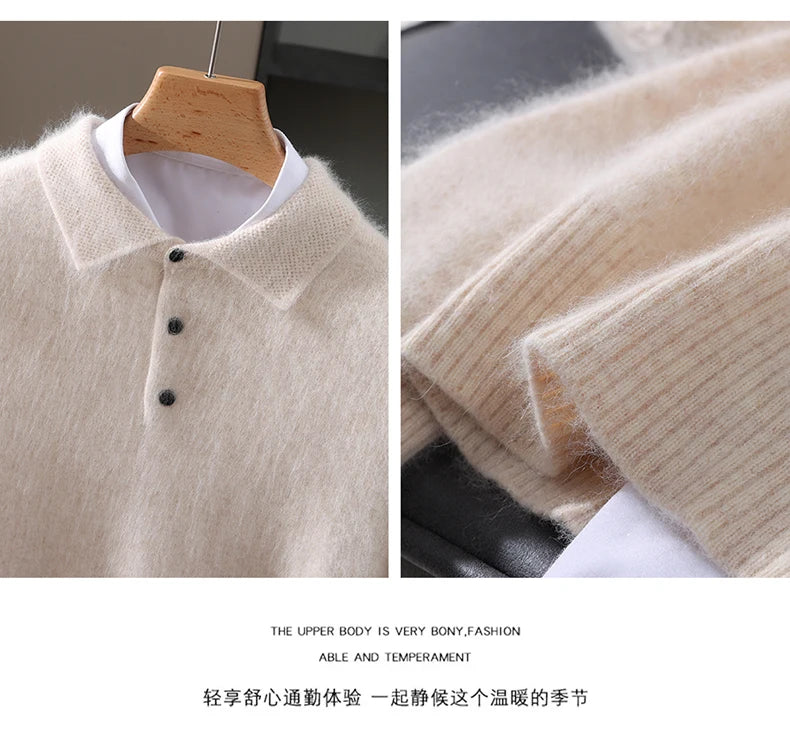 2025 Autumn And Winter New Men's Mink Wool Sweater POLO Collar Pullover Business Thick Warm Loose Oversized Knitted Sweater Tops
