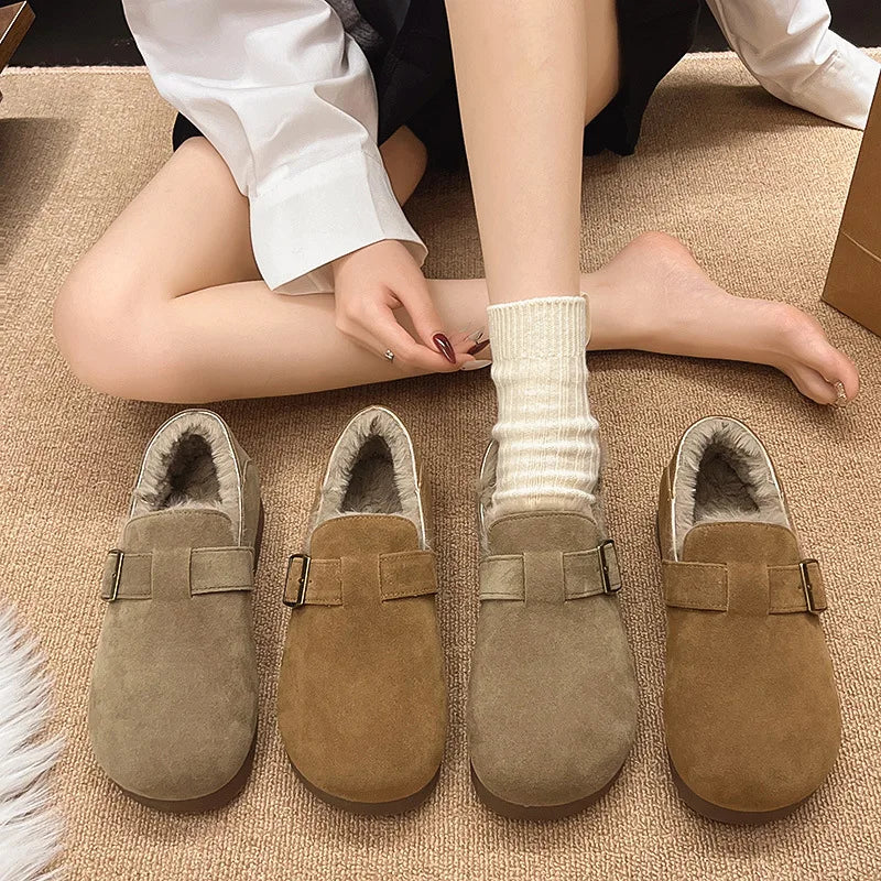 Classic Belt Buckle Loafer Woman Spring/Winter Cotton Fur Lined Flats Barefoot Shoes Ladies Cozy Slip on Driving Mocasines Femme