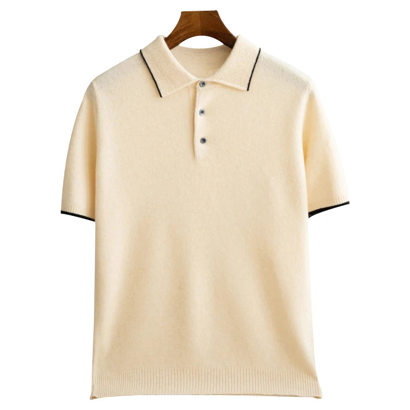 100% Merino wool men's lapel short sleeved sweater T-shirt new knitted casual business men's pullover sweater wool T-shirt summe