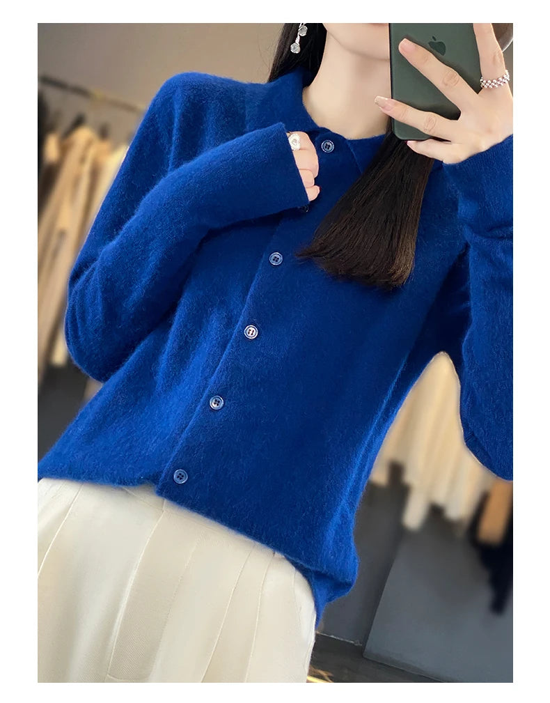 100% Mink Cashmere POLO Collar Women's Sweater Cardigan Solid Color Thick warm Cardigan Sweater For Women 2023 Autumn/Winter New